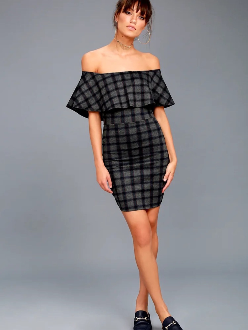 Lulu's Small Town Girl Gray Plaid Skirt with Subtle Red Stripes
